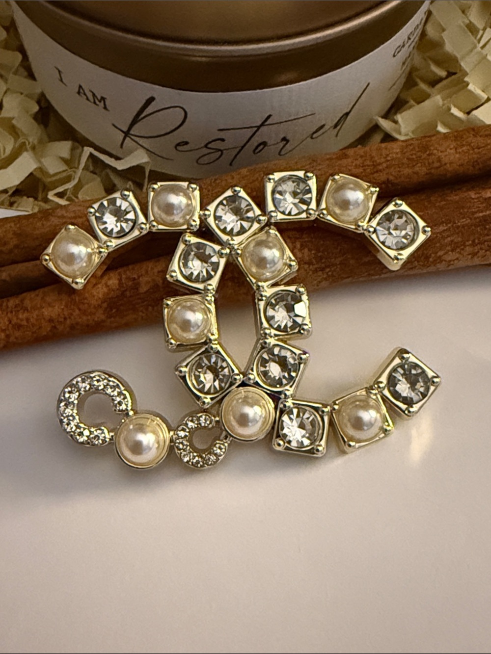 Fashion Jewelry Gold-Tone Crystal & Pearl Interlocking Brooch